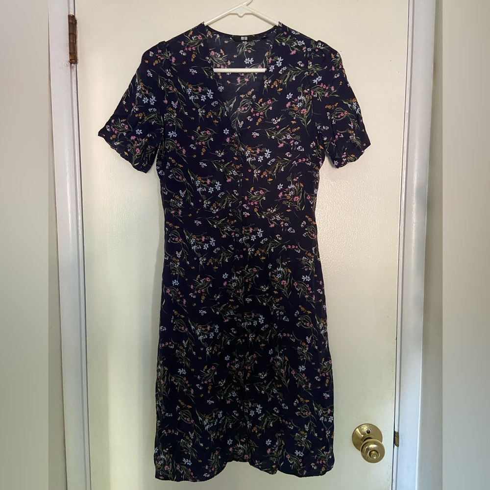 Uniqlo Navy Floral Button Down Dress | Size XS